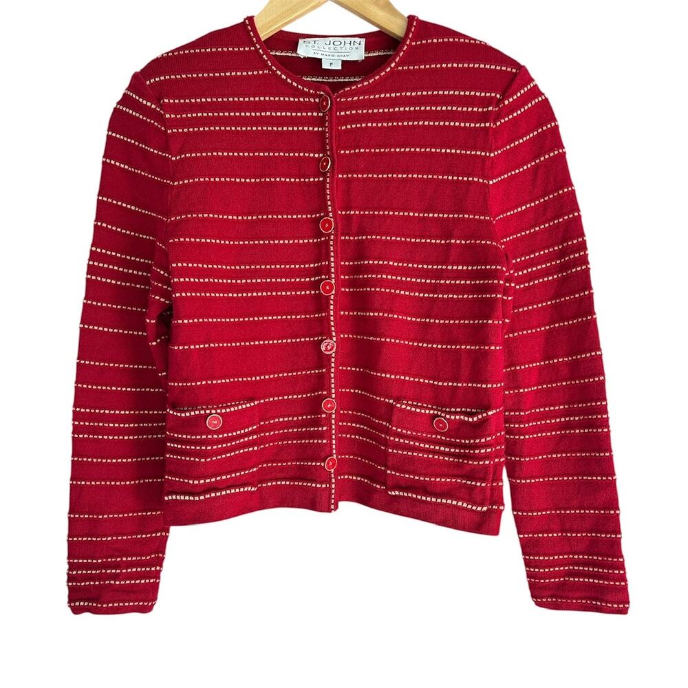 St. John Collection Size Petite Santana Knit Red & Gold Button Front Cardigan‎